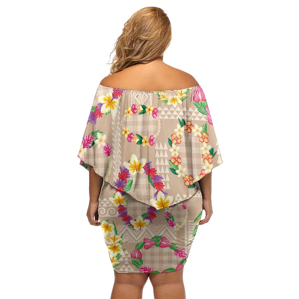 Hawaiian Kakau Tattoo Leis and Palaka Pattern Off Shoulder Short Dress Traditional Aloha Tribal Beige Color LT03 - Polynesian Pride
