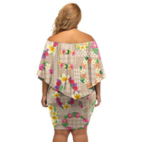 Hawaiian Kakau Tattoo Leis and Palaka Pattern Off Shoulder Short Dress Traditional Aloha Tribal Beige Color LT03 - Polynesian Pride