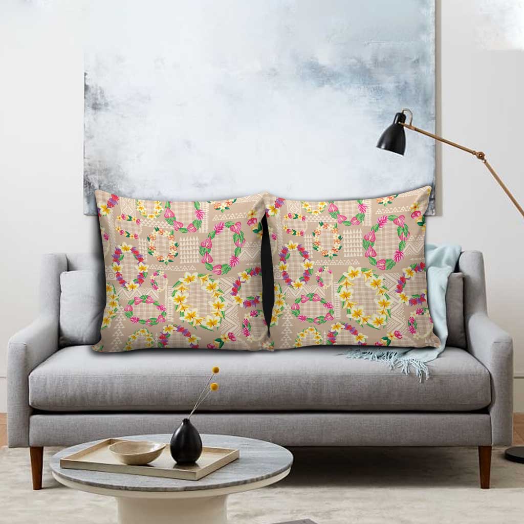 Hawaiian Kakau Tattoo Leis and Palaka Pattern Pillow Cover Traditional Aloha Tribal Beige Color
