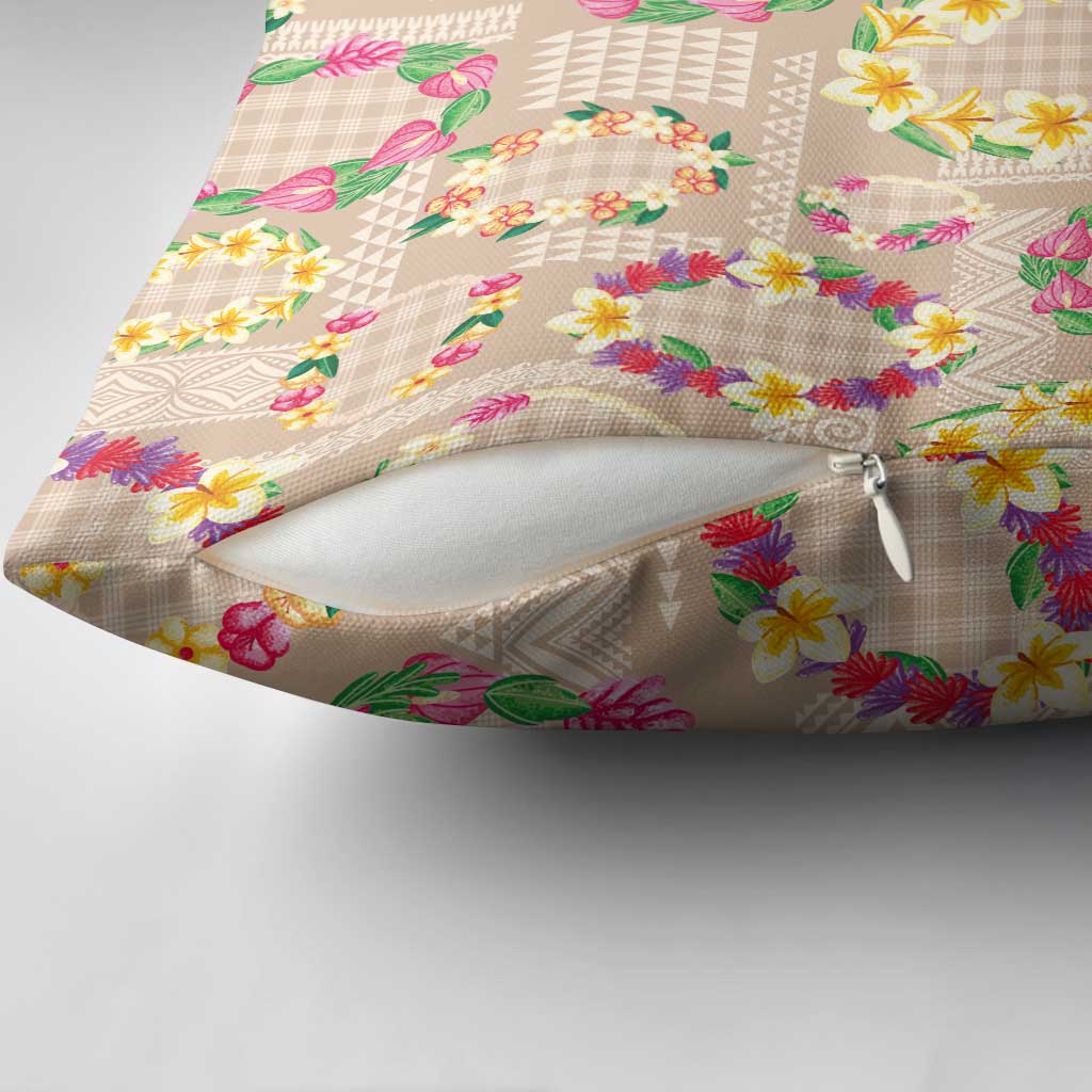Hawaiian Kakau Tattoo Leis and Palaka Pattern Pillow Cover Traditional Aloha Tribal Beige Color