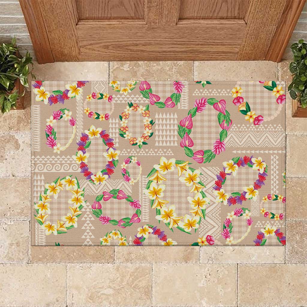 Hawaiian Kakau Tattoo Leis and Palaka Pattern Rubber Doormat Traditional Aloha Tribal Beige Color