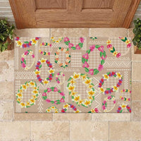Hawaiian Kakau Tattoo Leis and Palaka Pattern Rubber Doormat Traditional Aloha Tribal Beige Color
