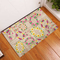 Hawaiian Kakau Tattoo Leis and Palaka Pattern Rubber Doormat Traditional Aloha Tribal Beige Color