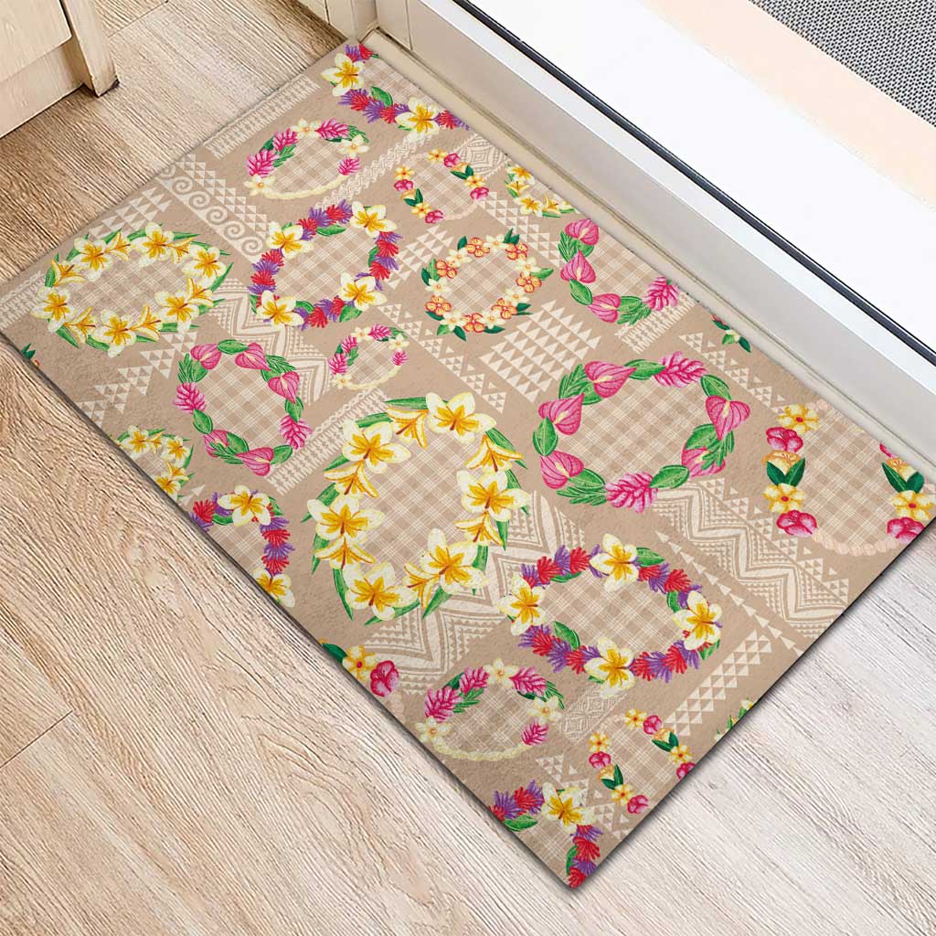 Hawaiian Kakau Tattoo Leis and Palaka Pattern Rubber Doormat Traditional Aloha Tribal Beige Color