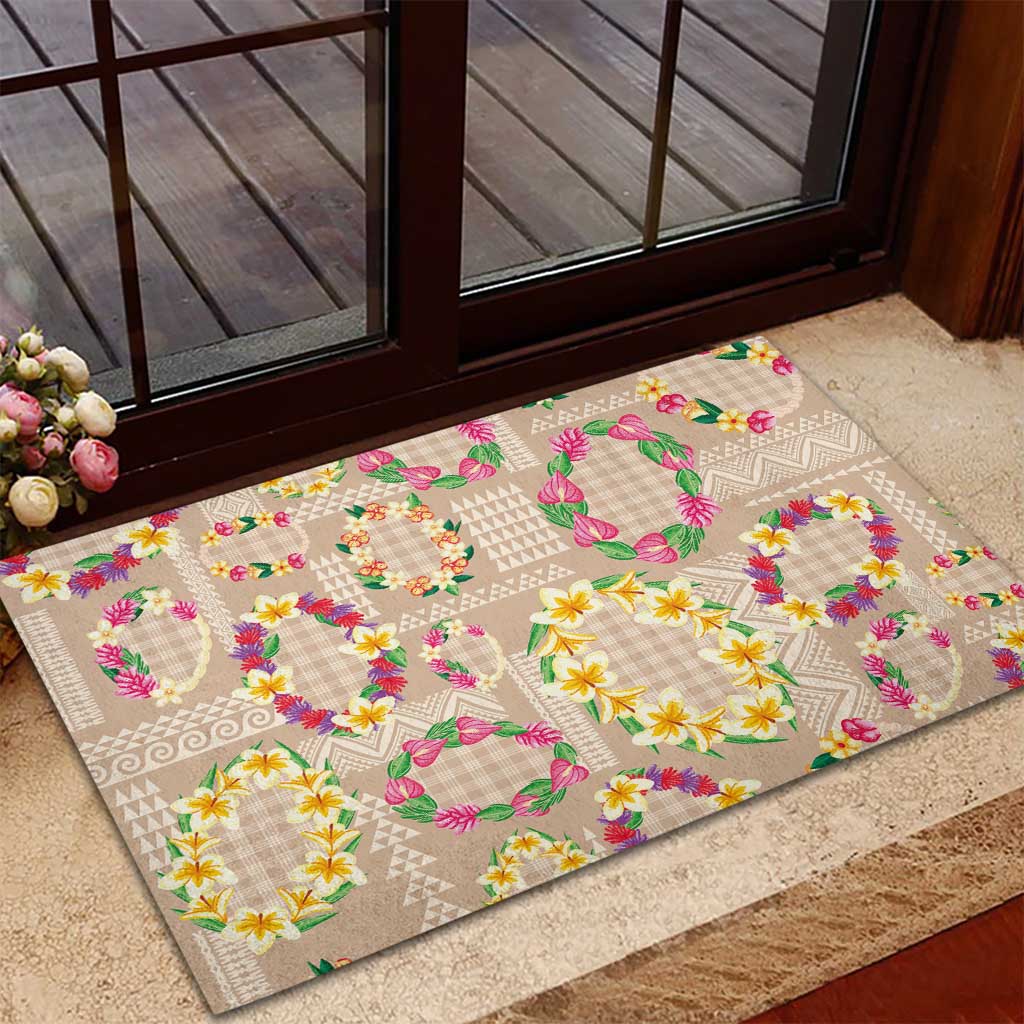 Hawaiian Kakau Tattoo Leis and Palaka Pattern Rubber Doormat Traditional Aloha Tribal Beige Color