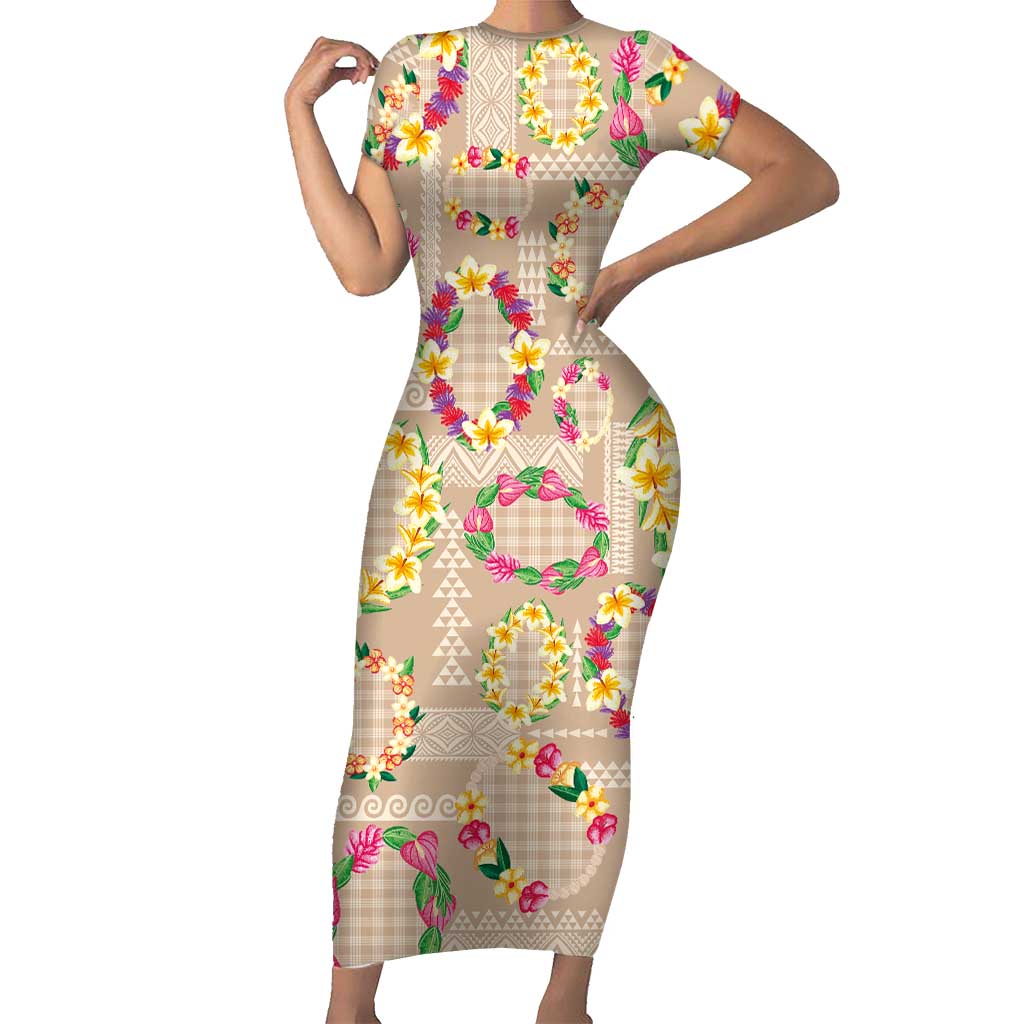 Hawaiian Kakau Tattoo Leis and Palaka Pattern Short Sleeve Bodycon Dress Traditional Aloha Tribal Beige Color