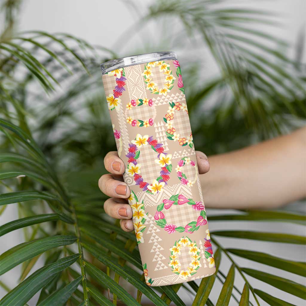 Hawaiian Kakau Tattoo Leis and Palaka Pattern Skinny Tumbler Traditional Aloha Tribal Beige Color