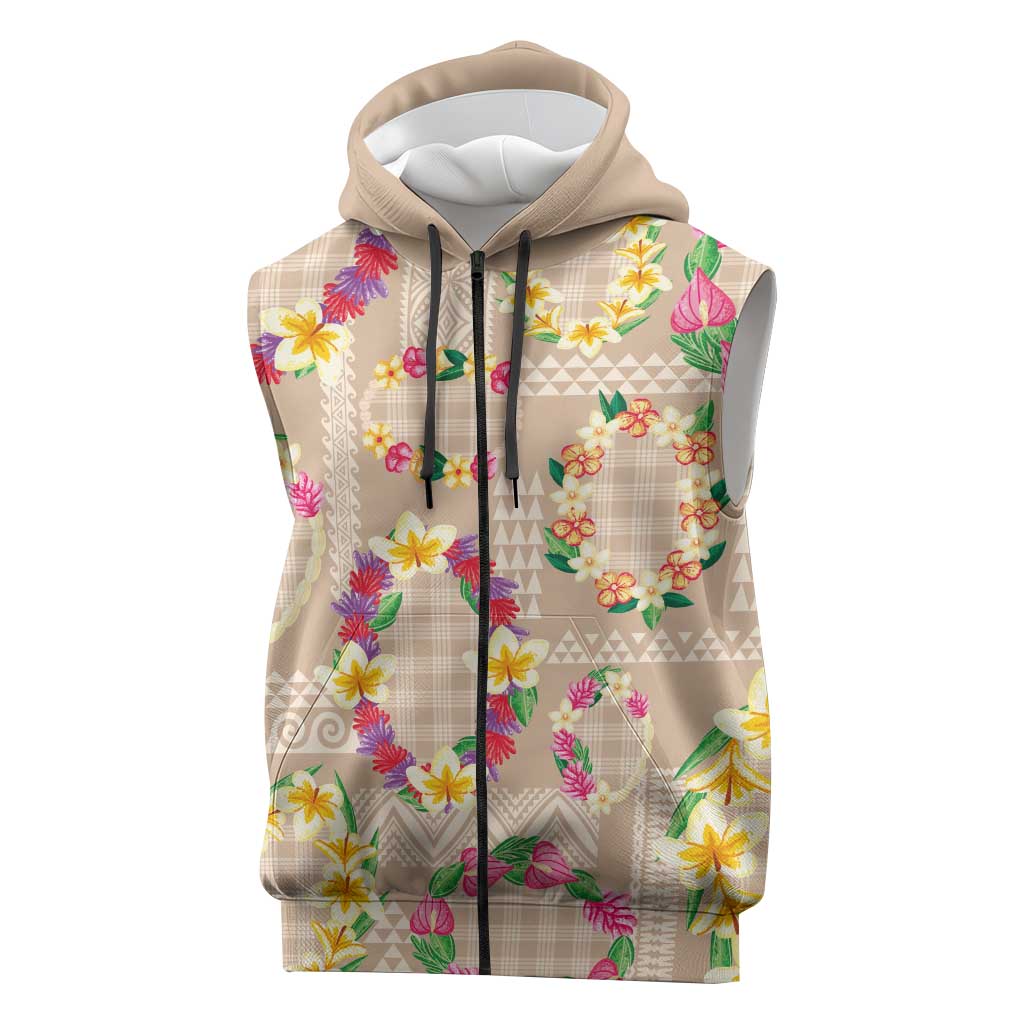 Hawaiian Kakau Tattoo Leis and Palaka Pattern Sleeveless Zip Hoodie Traditional Aloha Tribal Beige Color