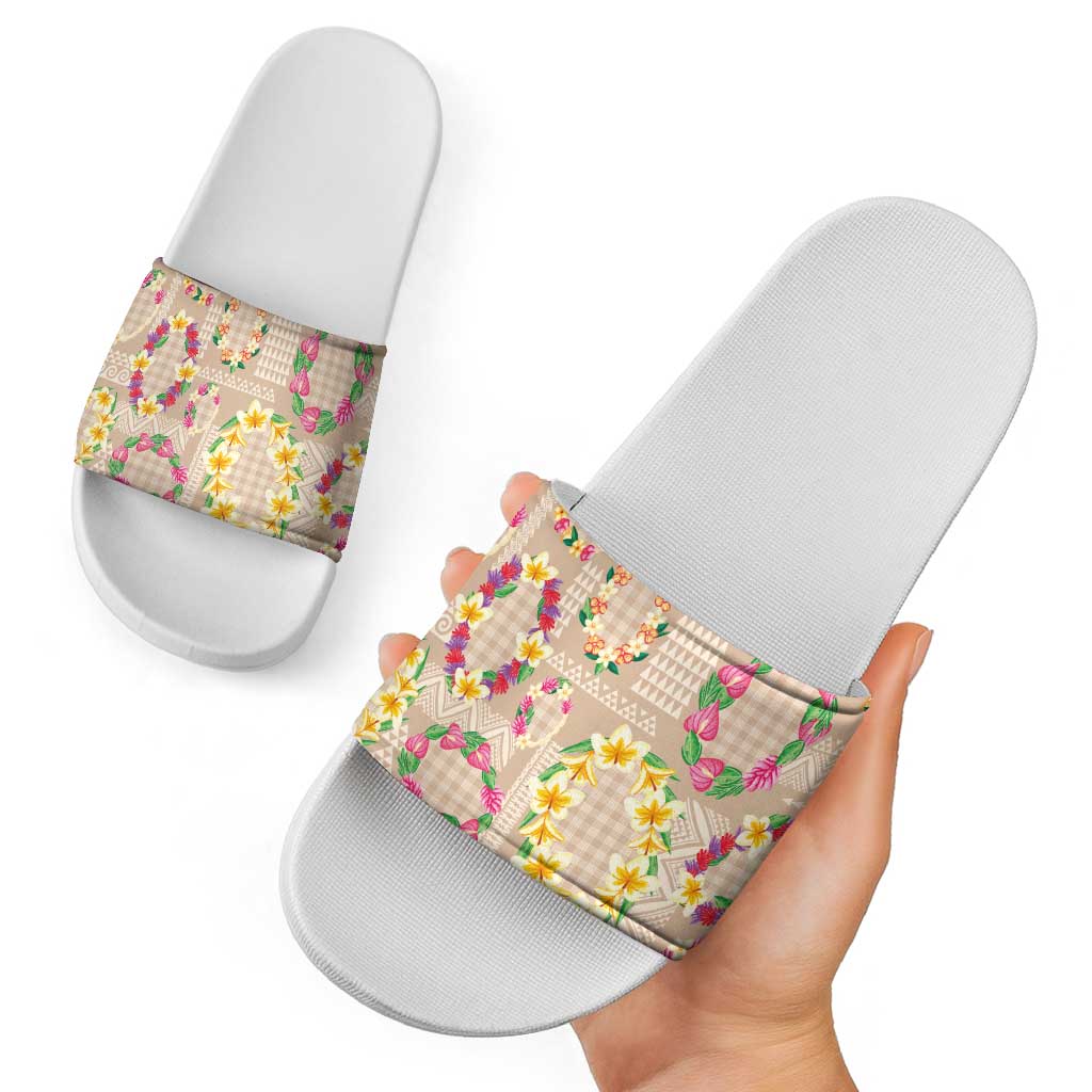 Hawaiian Kakau Tattoo Leis and Palaka Pattern Slide Sandals Traditional Aloha Tribal Beige Color LT03 - Polynesian Pride