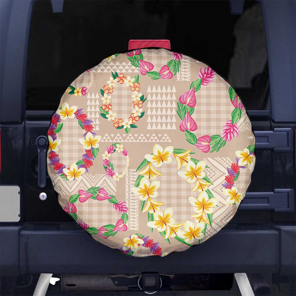 Hawaiian Kakau Tattoo Leis and Palaka Pattern Spare Tire Cover Traditional Aloha Tribal Beige Color
