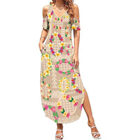 Hawaiian Kakau Tattoo Leis and Palaka Pattern Summer Maxi Dress Traditional Aloha Tribal Beige Color LT03 Women Beige - Polynesian Pride