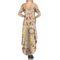 Hawaiian Kakau Tattoo Leis and Palaka Pattern Summer Maxi Dress Traditional Aloha Tribal Beige Color LT03 - Polynesian Pride
