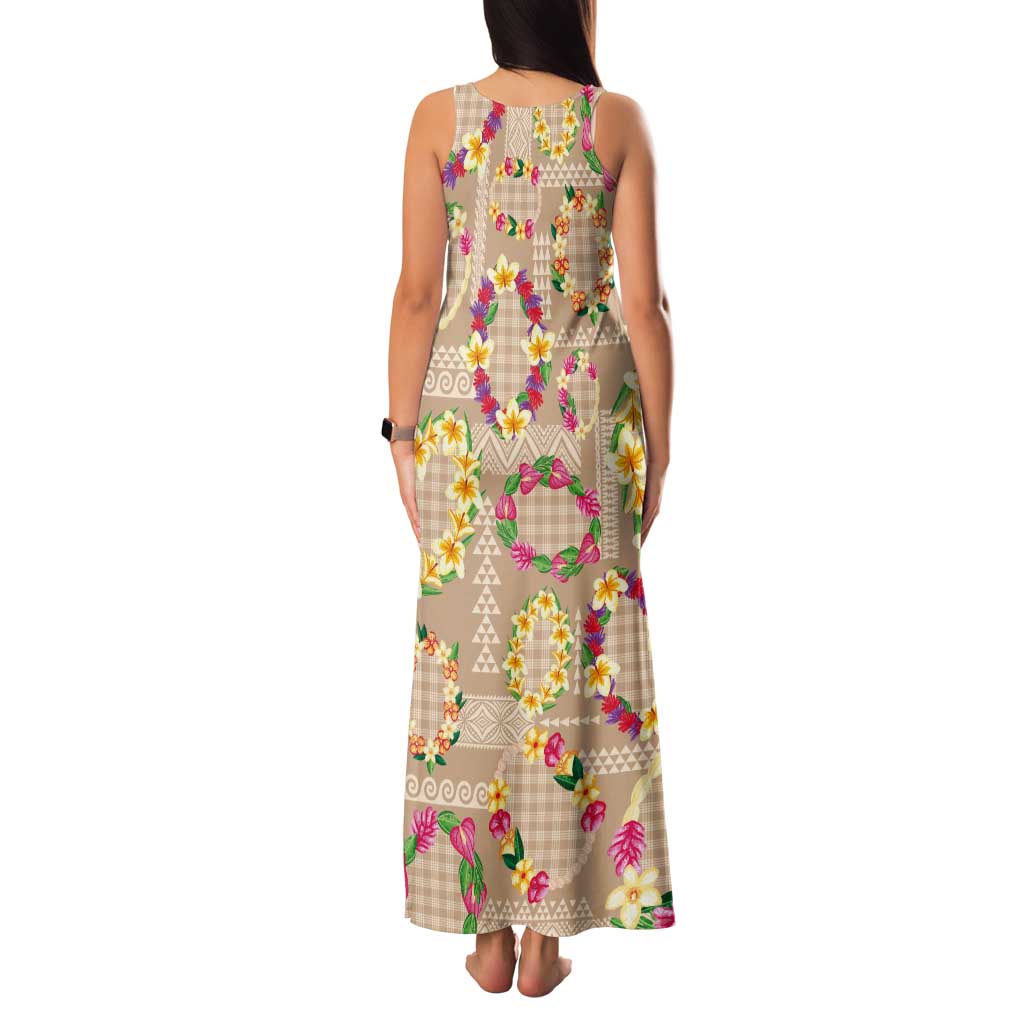 Hawaiian Kakau Tattoo Leis and Palaka Pattern Tank Maxi Dress Traditional Aloha Tribal Beige Color