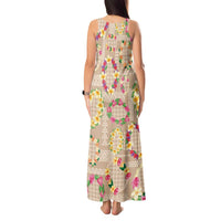 Hawaiian Kakau Tattoo Leis and Palaka Pattern Tank Maxi Dress Traditional Aloha Tribal Beige Color