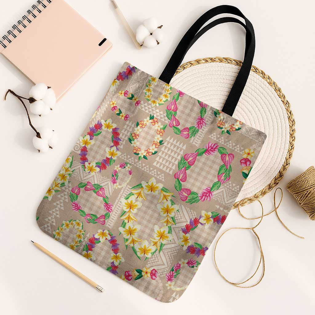 Hawaiian Kakau Tattoo Leis and Palaka Pattern Tote Bag Traditional Aloha Tribal Beige Color