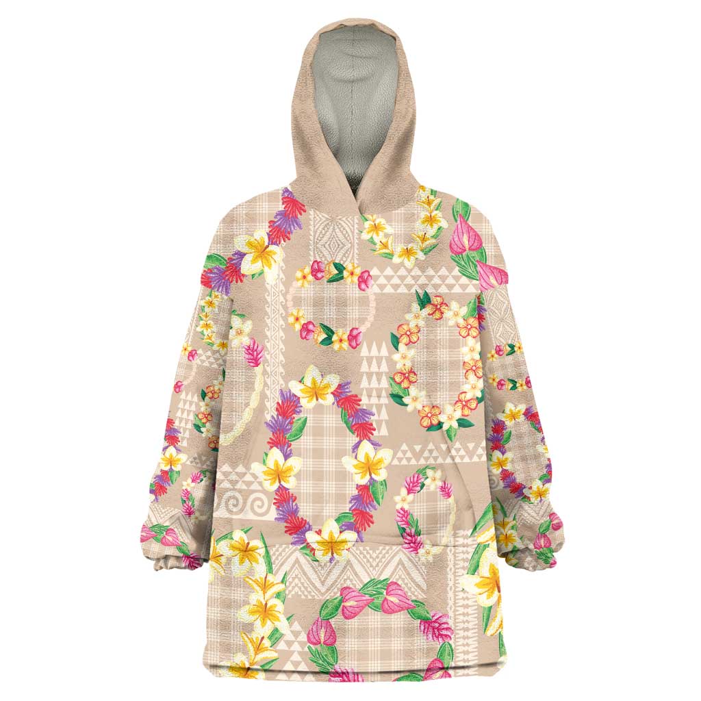 Hawaiian Kakau Tattoo Leis and Palaka Pattern Wearable Blanket Hoodie Traditional Aloha Tribal Beige Color