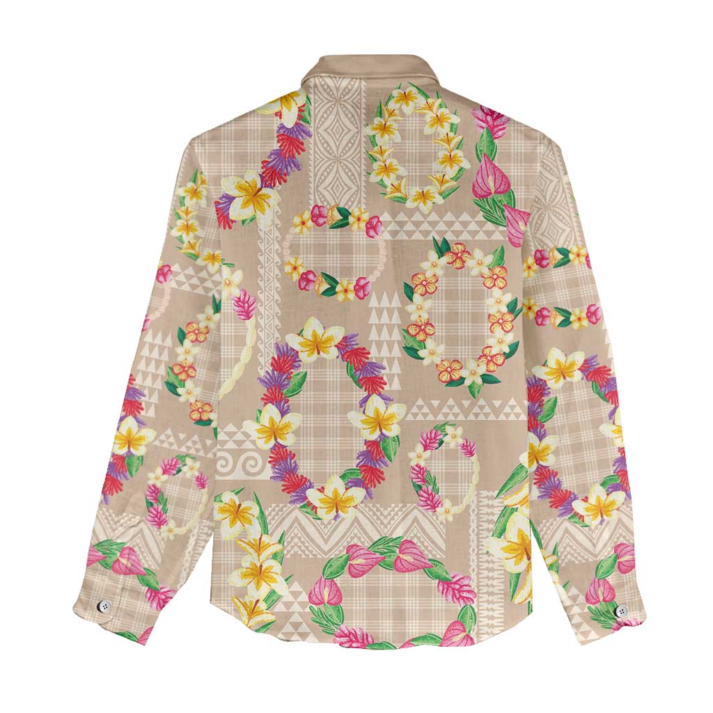 Hawaiian Kakau Tattoo Leis and Palaka Pattern Women Casual Shirt Traditional Aloha Tribal Beige Color