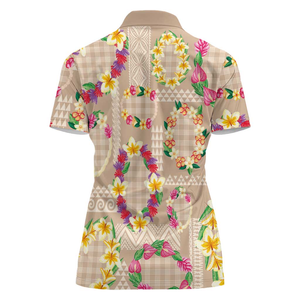 Hawaiian Kakau Tattoo Leis and Palaka Pattern Women Polo Shirt Traditional Aloha Tribal Beige Color