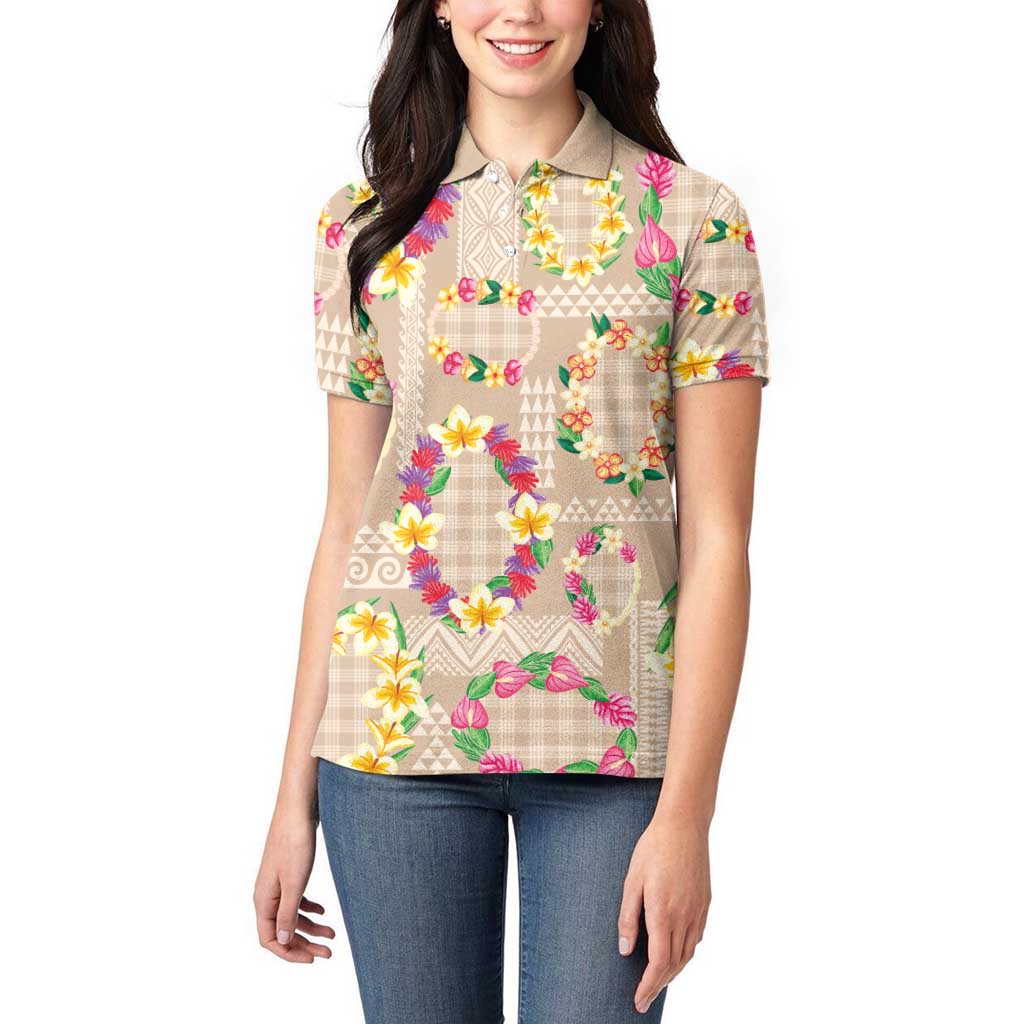 Hawaiian Kakau Tattoo Leis and Palaka Pattern Women Polo Shirt Traditional Aloha Tribal Beige Color