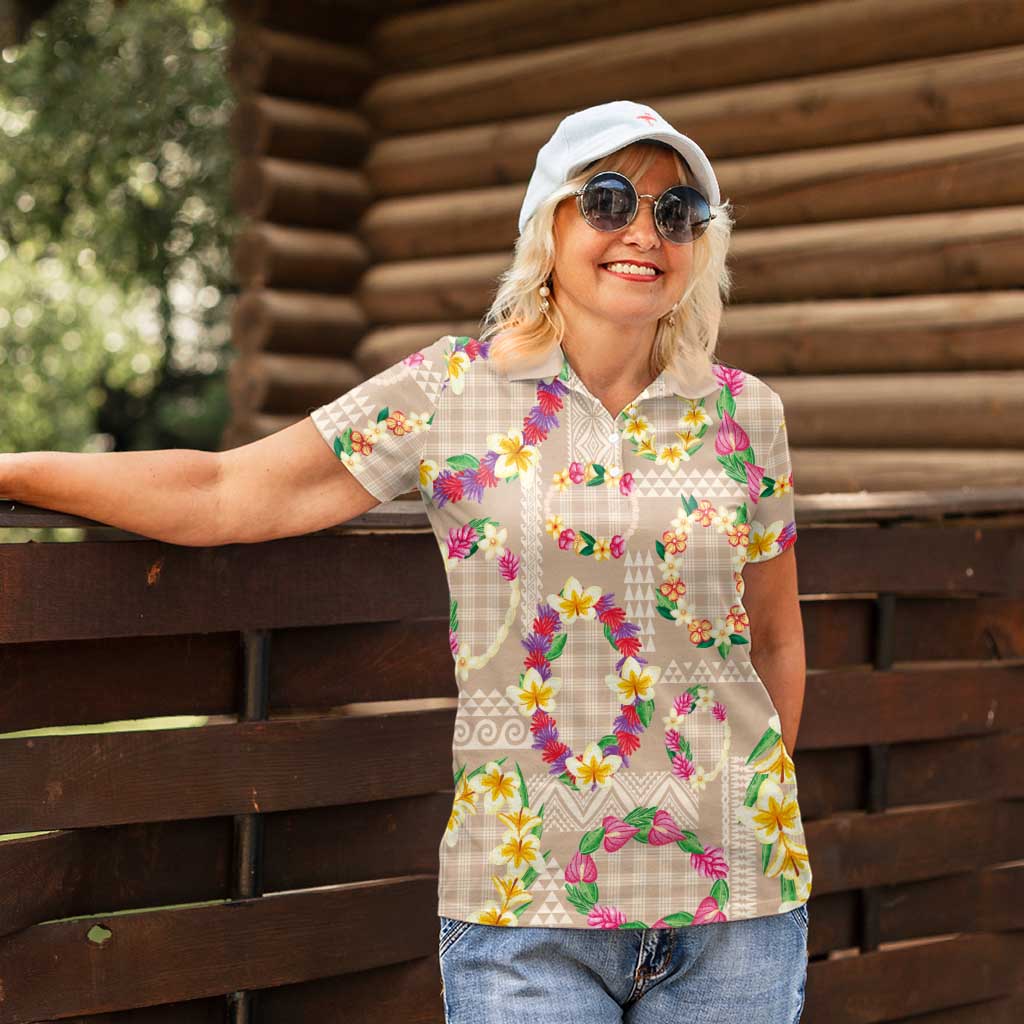 Hawaiian Kakau Tattoo Leis and Palaka Pattern Women Polo Shirt Traditional Aloha Tribal Beige Color