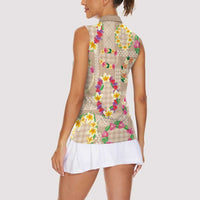 Hawaiian Kakau Tattoo Leis and Palaka Pattern Women Sleeveless Polo Shirt Traditional Aloha Tribal Beige Color