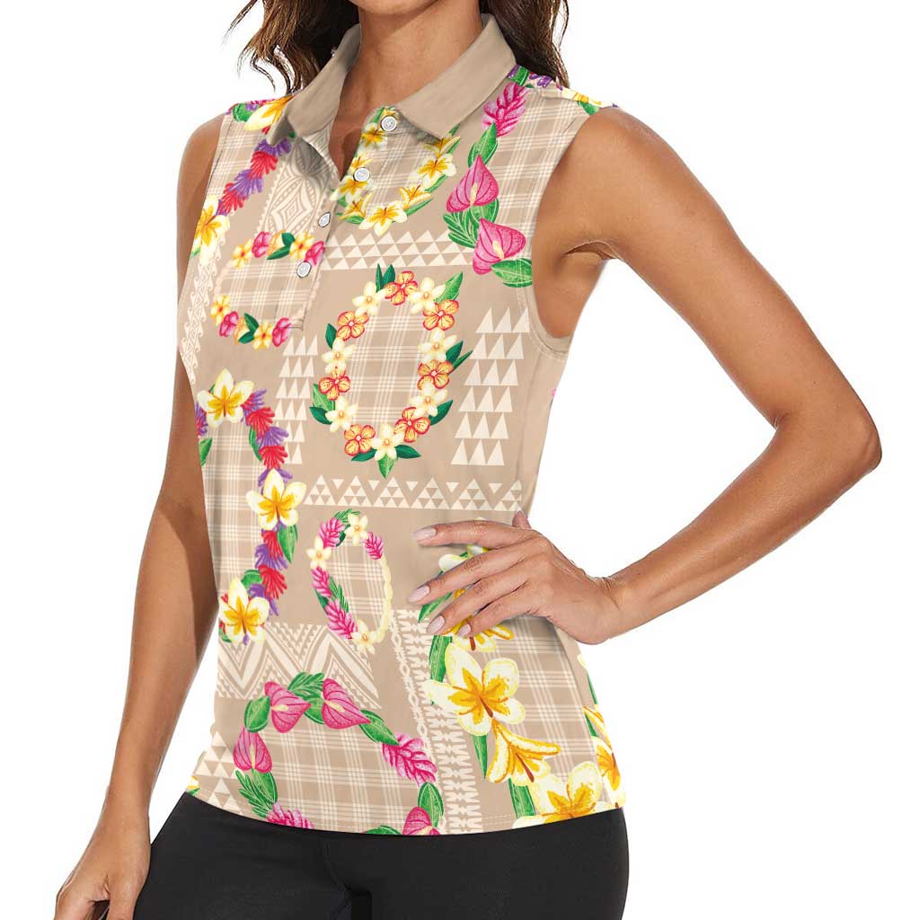 Hawaiian Kakau Tattoo Leis and Palaka Pattern Women Sleeveless Polo Shirt Traditional Aloha Tribal Beige Color