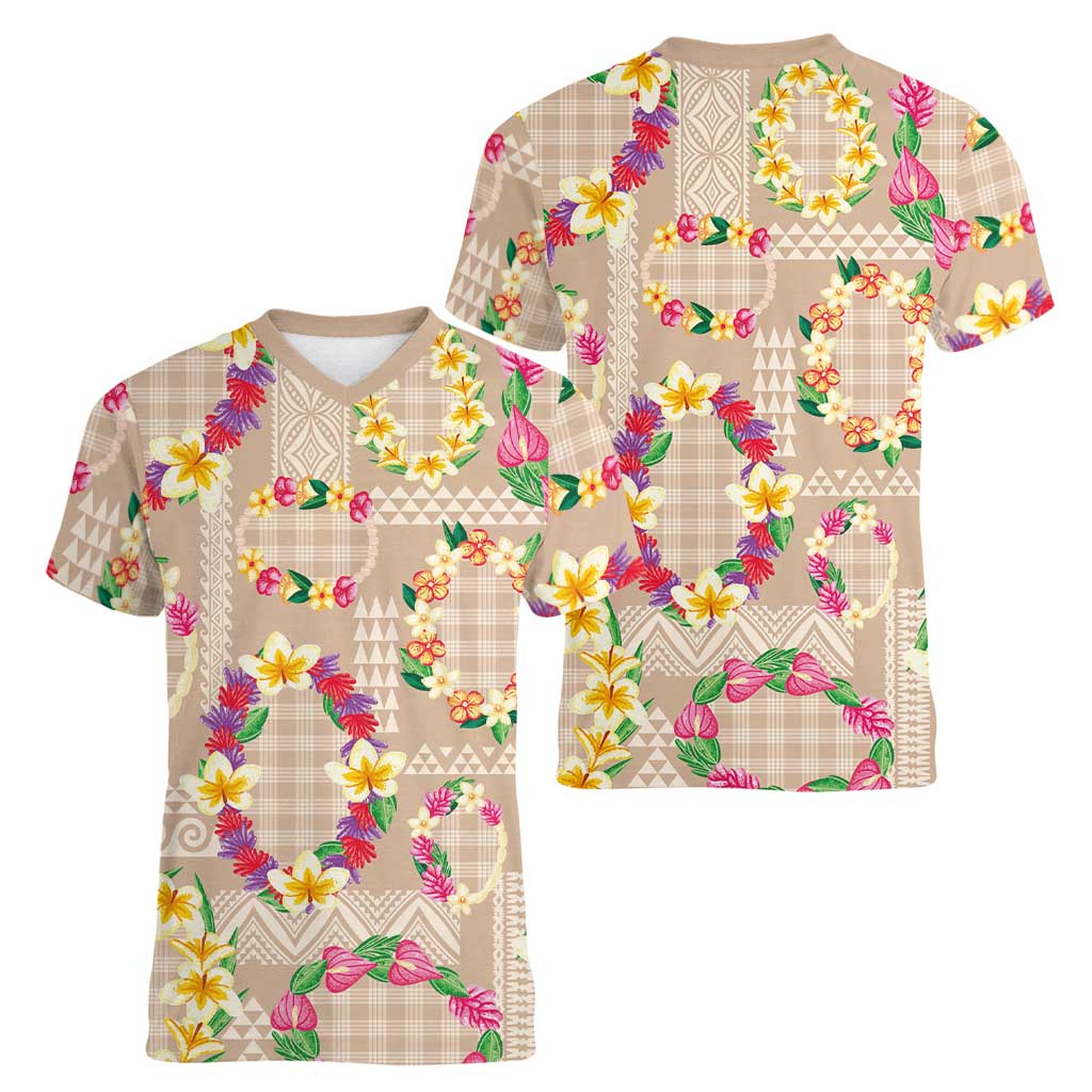 Hawaiian Kakau Tattoo Leis and Palaka Pattern Women V-Neck T-Shirt Traditional Aloha Tribal Beige Color