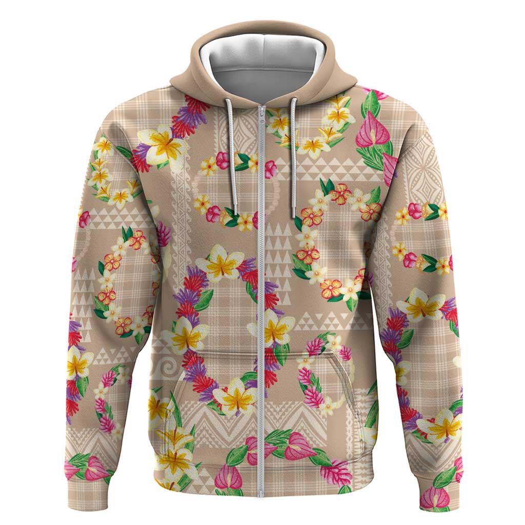 Hawaiian Kakau Tattoo Leis and Palaka Pattern Zip Hoodie Traditional Aloha Tribal Beige Color LT03 Zip Hoodie Beige - Polynesian Pride