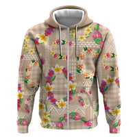 Hawaiian Kakau Tattoo Leis and Palaka Pattern Zip Hoodie Traditional Aloha Tribal Beige Color LT03 Zip Hoodie Beige - Polynesian Pride