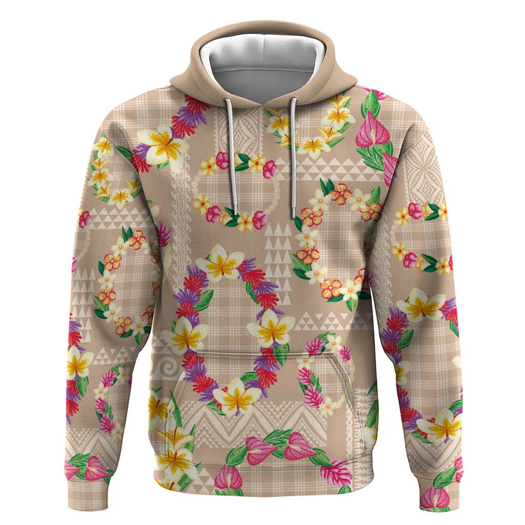 Hawaiian Kakau Tattoo Leis and Palaka Pattern Zip Hoodie Traditional Aloha Tribal Beige Color LT03 Pullover Hoodie Beige - Polynesian Pride