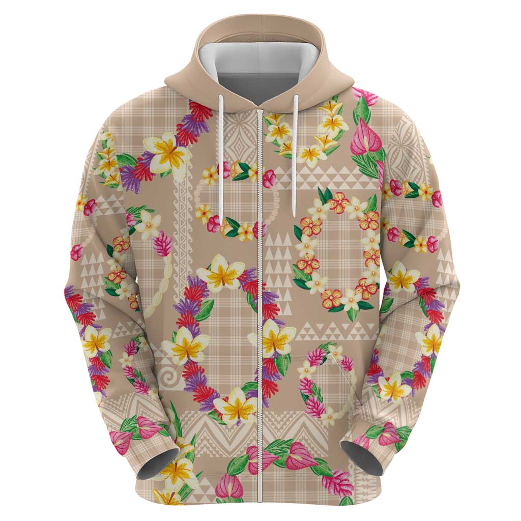 Hawaiian Kakau Tattoo Leis and Palaka Pattern Zip Hoodie Traditional Aloha Tribal Beige Color LT03 - Polynesian Pride