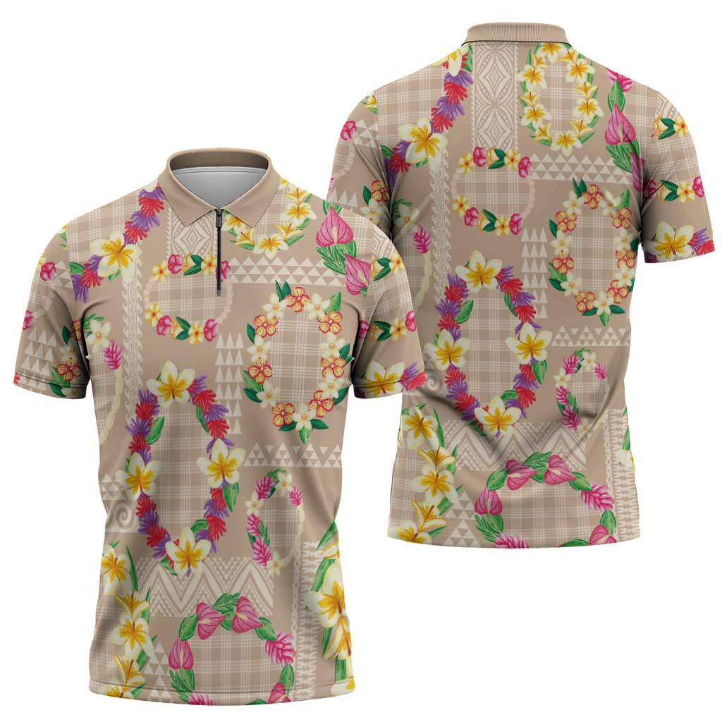 Hawaiian Kakau Tattoo Leis and Palaka Pattern Zipper Polo Shirt Traditional Aloha Tribal Beige Color