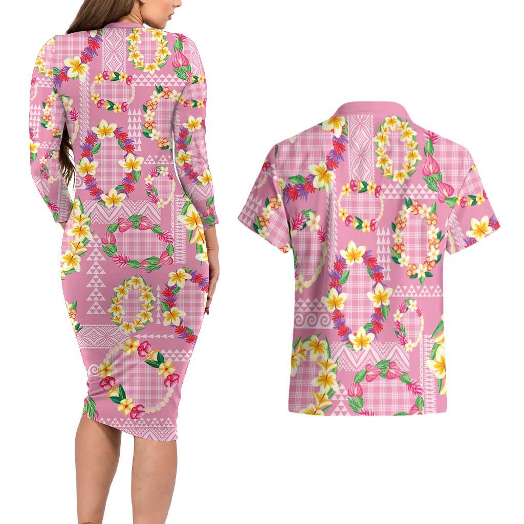 Hawaiian Leis Couples Matching Long Sleeve Bodycon Dress and Hawaiian Shirt Kakau Tattoos and Palaka Pastel Pink Color