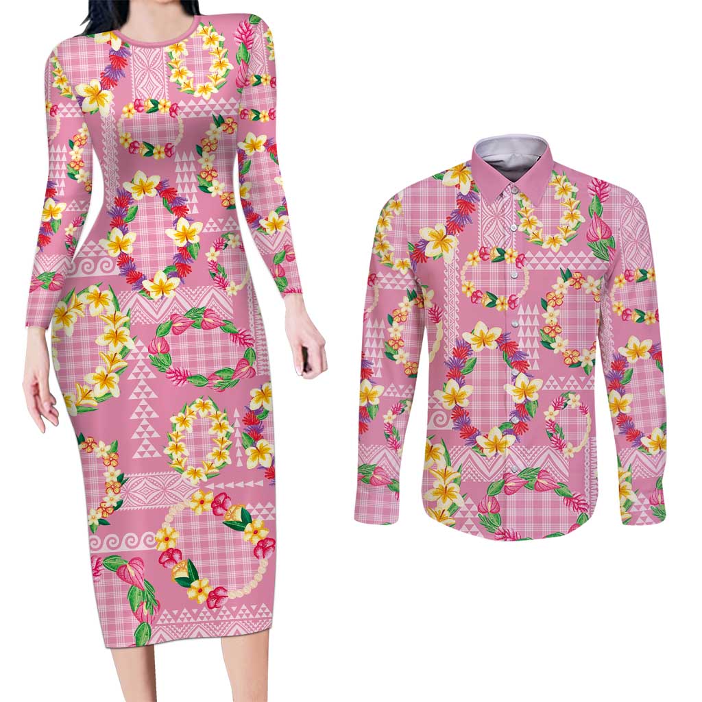 Hawaiian Leis Couples Matching Long Sleeve Bodycon Dress and Long Sleeve Button Shirt Kakau Tattoos and Palaka Pastel Pink Color