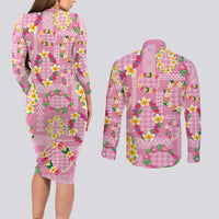 Hawaiian Leis Couples Matching Long Sleeve Bodycon Dress and Long Sleeve Button Shirt Kakau Tattoos and Palaka Pastel Pink Color