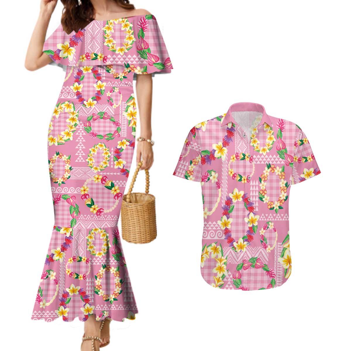 Hawaiian Leis Couples Matching Mermaid Dress and Hawaiian Shirt Kakau Tattoos and Palaka Pastel Pink Color