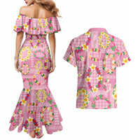 Hawaiian Leis Couples Matching Mermaid Dress and Hawaiian Shirt Kakau Tattoos and Palaka Pastel Pink Color