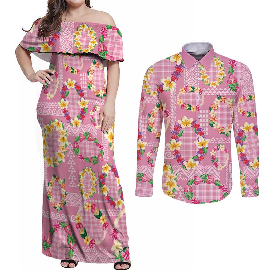 Hawaiian Leis Couples Matching Off Shoulder Maxi Dress and Long Sleeve Button Shirt Kakau Tattoos and Palaka Pastel Pink Color