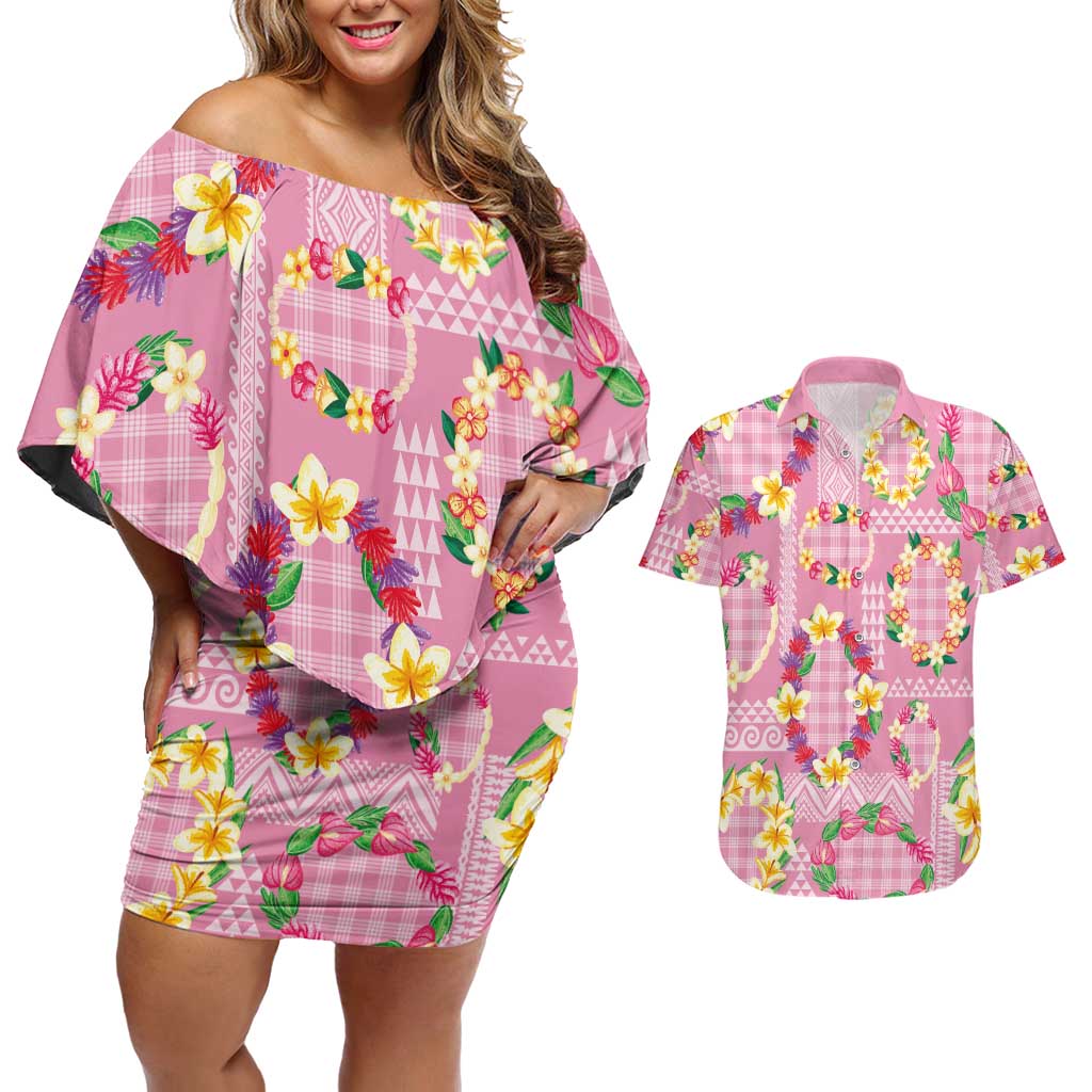 Hawaiian Leis Couples Matching Off Shoulder Short Dress and Hawaiian Shirt Kakau Tattoos and Palaka Pastel Pink Color