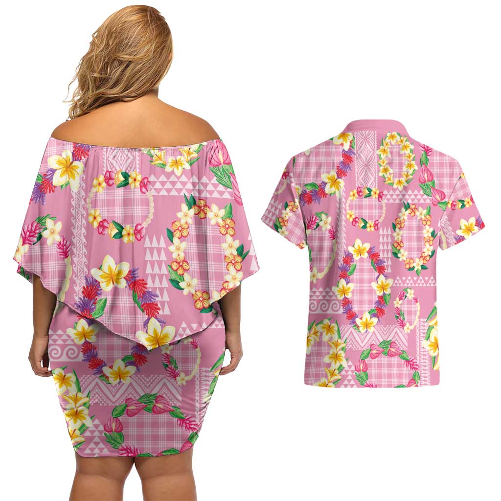 Hawaiian Leis Couples Matching Off Shoulder Short Dress and Hawaiian Shirt Kakau Tattoos and Palaka Pastel Pink Color