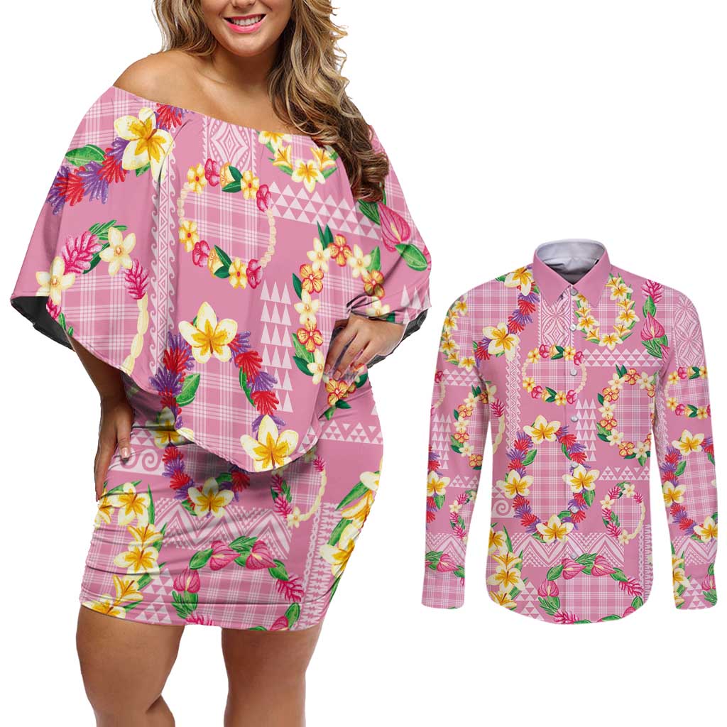 Hawaiian Leis Couples Matching Off Shoulder Short Dress and Long Sleeve Button Shirt Kakau Tattoos and Palaka Pastel Pink Color