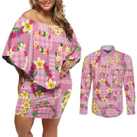 Hawaiian Leis Couples Matching Off Shoulder Short Dress and Long Sleeve Button Shirt Kakau Tattoos and Palaka Pastel Pink Color