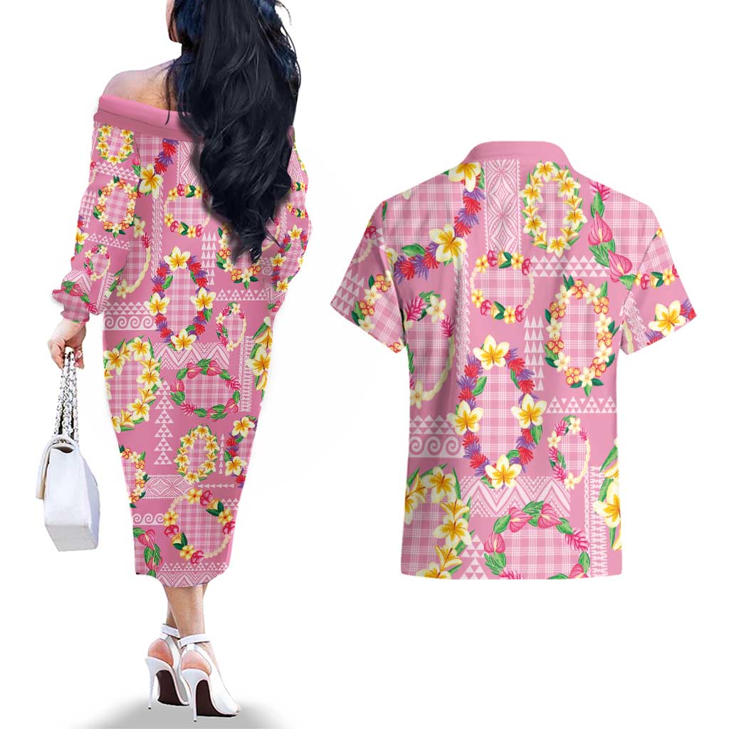 Hawaiian Leis Couples Matching Off The Shoulder Long Sleeve Dress and Hawaiian Shirt Kakau Tattoos and Palaka Pastel Pink Color LT03 - Polynesian Pride
