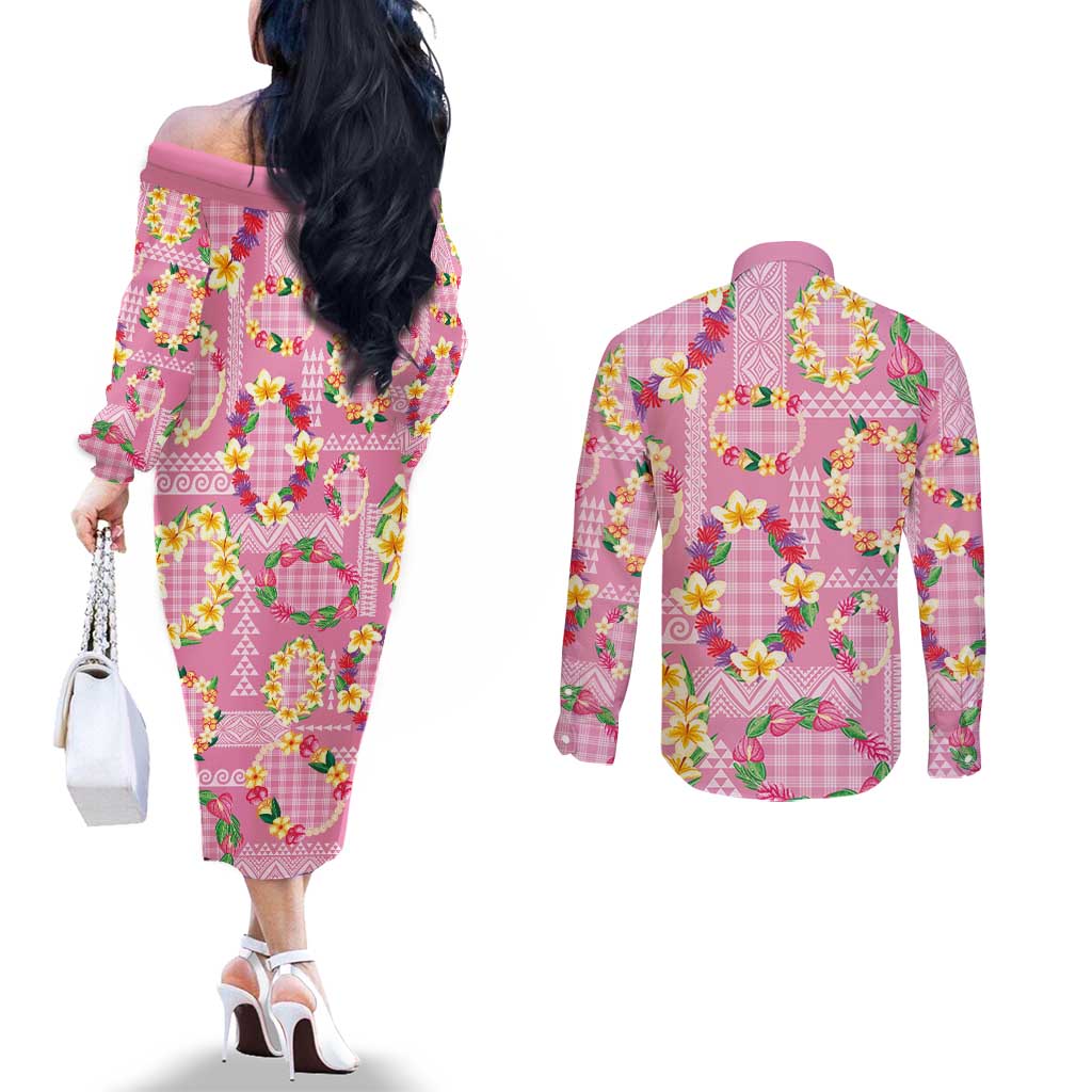 Hawaiian Leis Couples Matching Off The Shoulder Long Sleeve Dress and Long Sleeve Button Shirt Kakau Tattoos and Palaka Pastel Pink Color