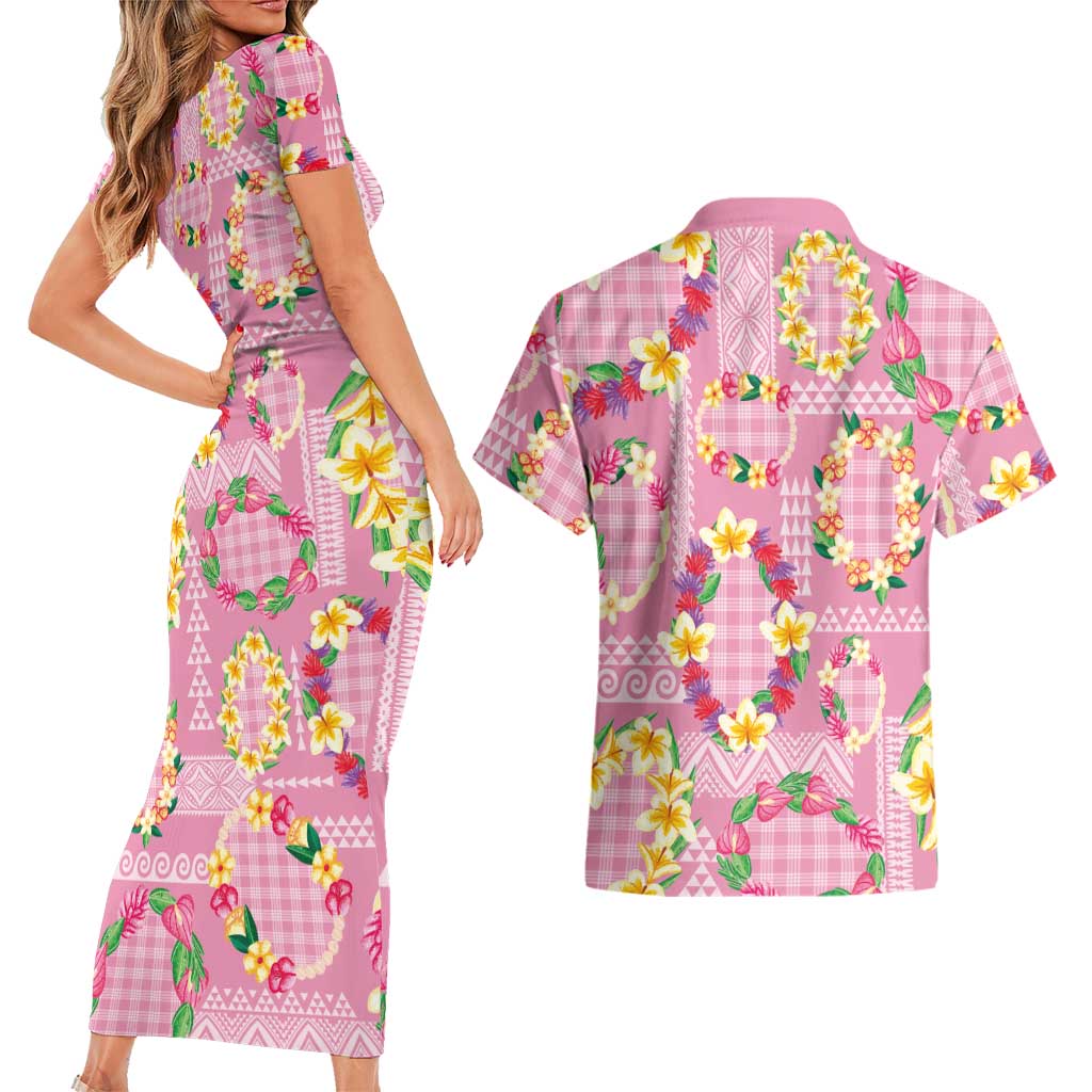 Hawaiian Leis Couples Matching Short Sleeve Bodycon Dress and Hawaiian Shirt Kakau Tattoos and Palaka Pastel Pink Color