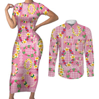 Hawaiian Leis Couples Matching Short Sleeve Bodycon Dress and Long Sleeve Button Shirt Kakau Tattoos and Palaka Pastel Pink Color