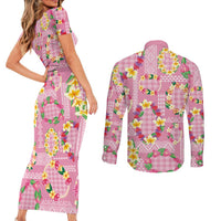 Hawaiian Leis Couples Matching Short Sleeve Bodycon Dress and Long Sleeve Button Shirt Kakau Tattoos and Palaka Pastel Pink Color