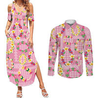 Hawaiian Leis Couples Matching Summer Maxi Dress and Long Sleeve Button Shirt Kakau Tattoos and Palaka Pastel Pink Color