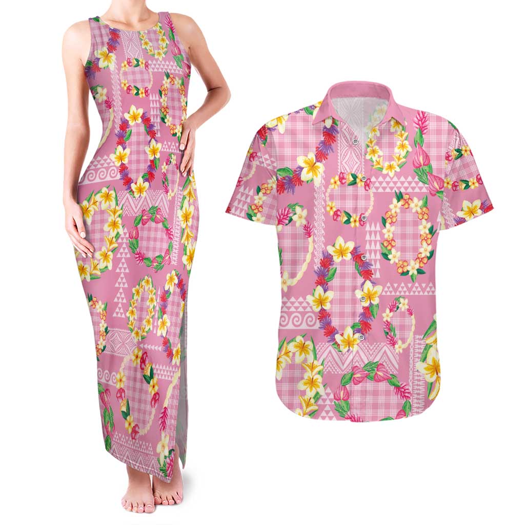 Hawaiian Leis Couples Matching Tank Maxi Dress and Hawaiian Shirt Kakau Tattoos and Palaka Pastel Pink Color