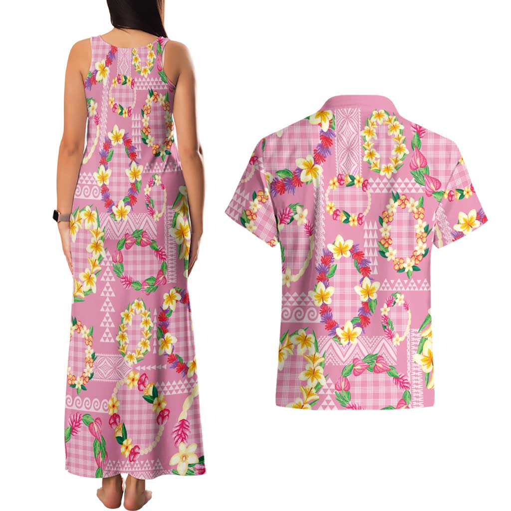 Hawaiian Leis Couples Matching Tank Maxi Dress and Hawaiian Shirt Kakau Tattoos and Palaka Pastel Pink Color